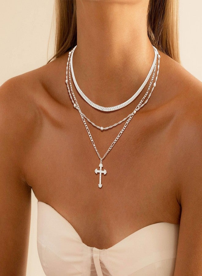ASCOMY Necklace for Women 14K Silver Plated Layered Necklaces Stackable Layering Twist Rope Choker Herringbone Figaro CZ Cross Necklace Stacking Silver Choker Necklaces Trendy Jewelry Gift for Her - Image 4
